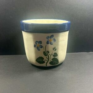 B&B Ceramic Planter Crock Cream Blue Floral Hand Painted Farmhouse Decor
